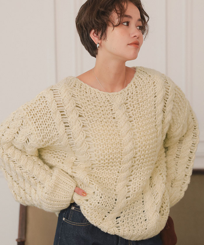 ハンドライクボートネックケーブルニット | titivate