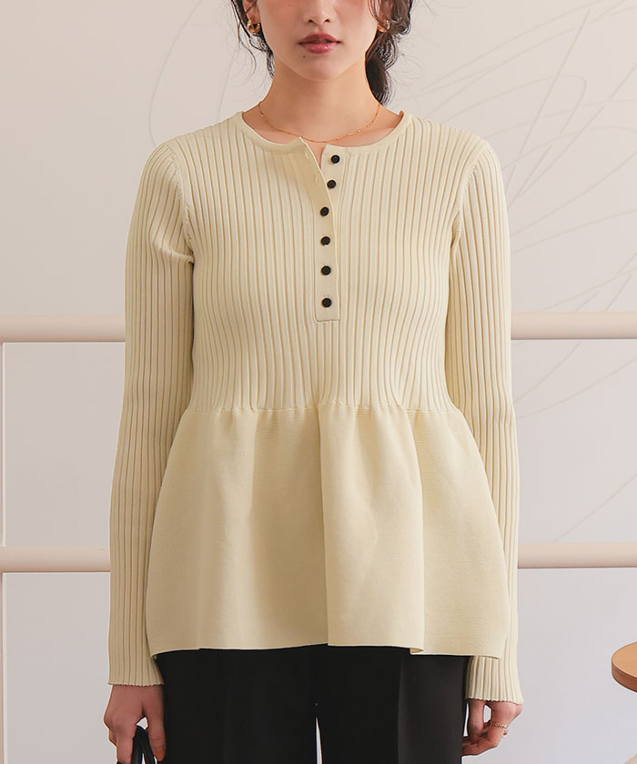 前後2wayヘンリーネックペプラムニットトップス | titivate