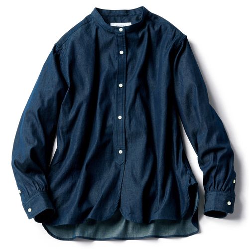 野川染織工業 藍染まめ刺し子織りのスタンドカラーシャツ | ライト