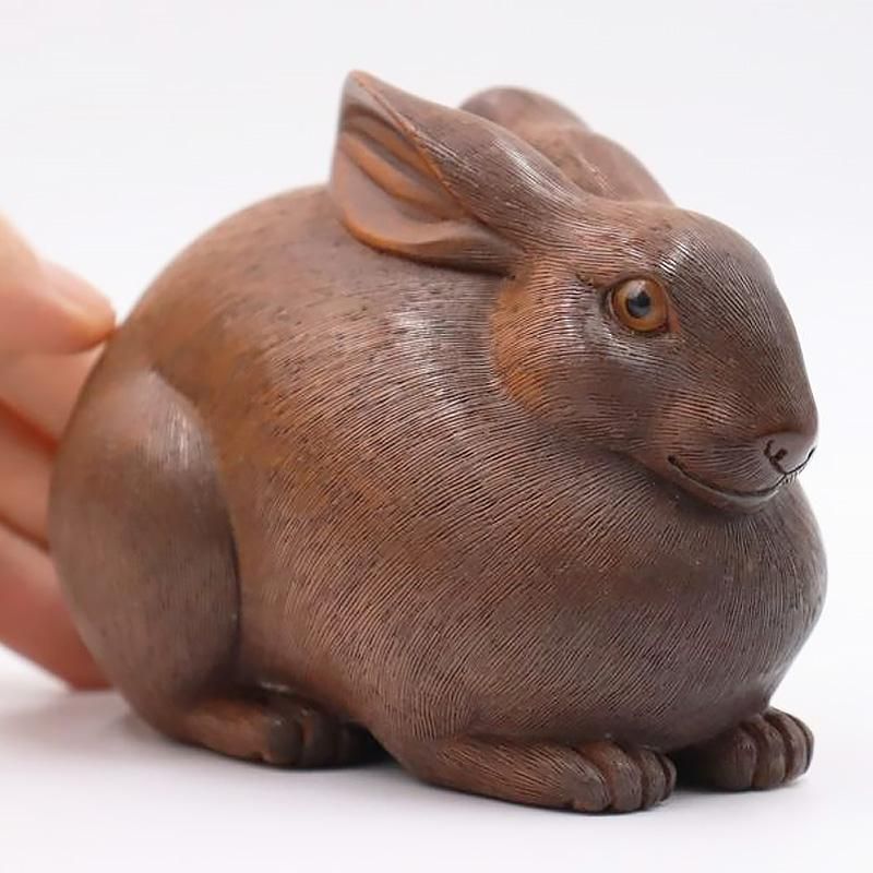 木製 ふくらうさぎ 細密 彫刻 木彫り 毛掘り 兎 卯 かわいい 動物