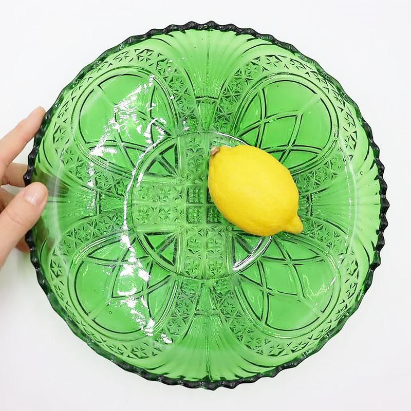 大皿 プレスガラス グリーン 昭和初期 直径23.5cm