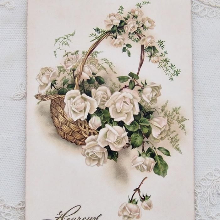 アンティーク ポストカード フランス フラワー ホワイト ローズ・薔薇