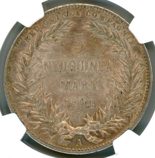 極楽鳥 ドイツ領ニューギニア5マルク銀貨 1894年A MS61/未使用－ 送料