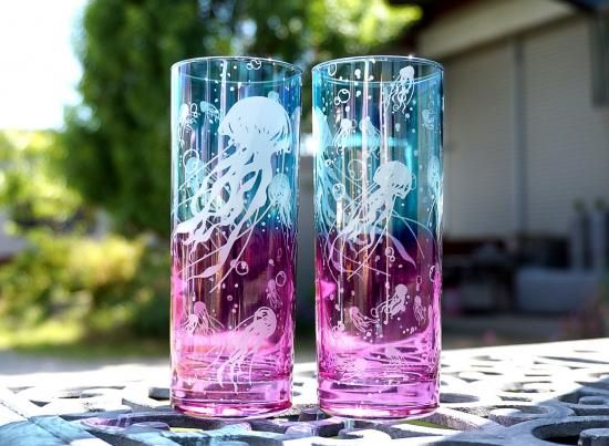 揺々海月・芍薬【Cobalt】 | サンドブラスト彫刻グラス - crafterior