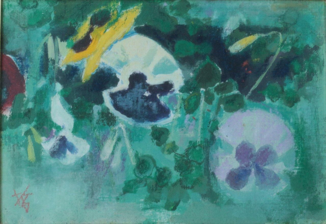 はまち3号＊金登美「すみれ」油絵 サイン入り 中古 額に傷 作品美品