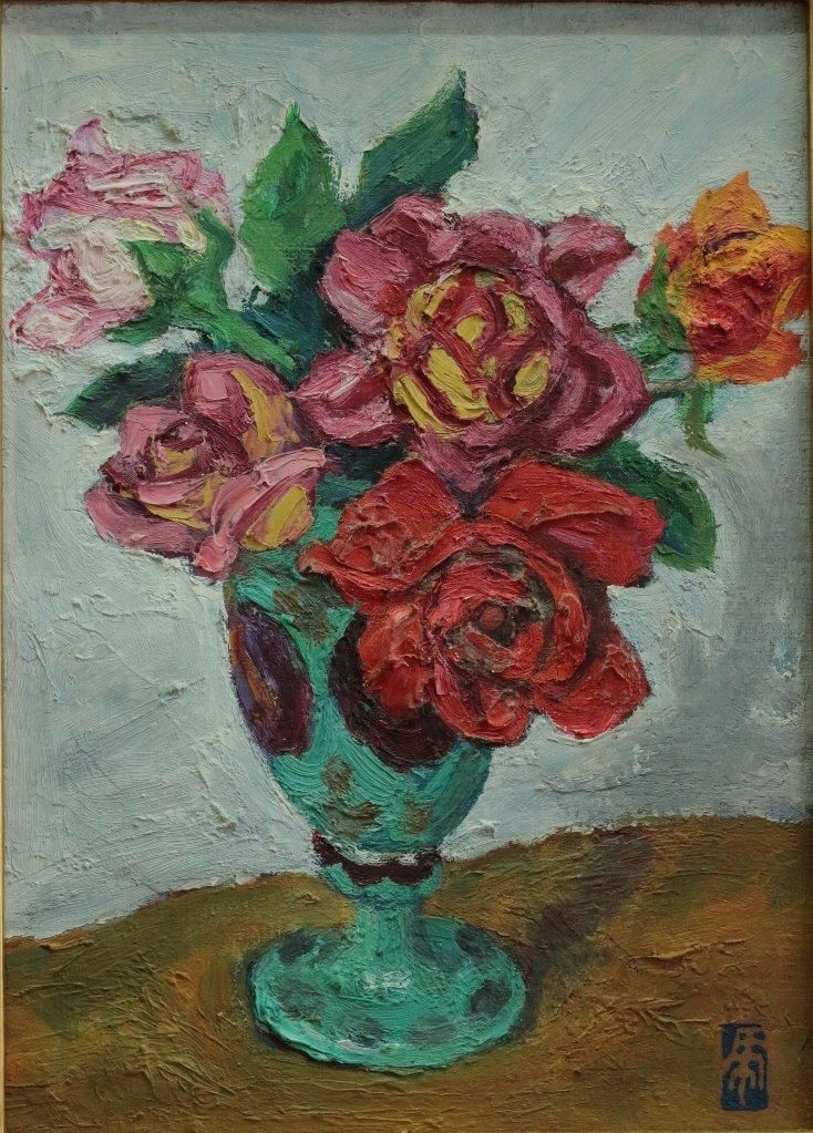 油彩 安宅乕雄「ボヘミアグラスの薔薇1966年」商品番号374 - 絵のある