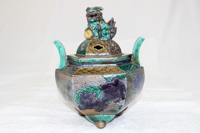 K-1565九谷焼吉田屋風青手染付六角唐獅子文大香炉角福印 - 石川県金沢