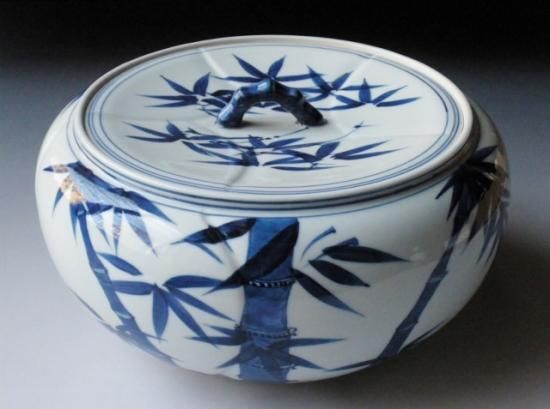 染付 竹絵捻梅形水指 (共箱) 三代 紫翠窯 西村徳泉 - 茶道具販売 栗林園