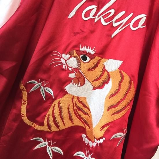 虎刺繍スカジャン 赤×ベビーピンク-古着屋マッシュ