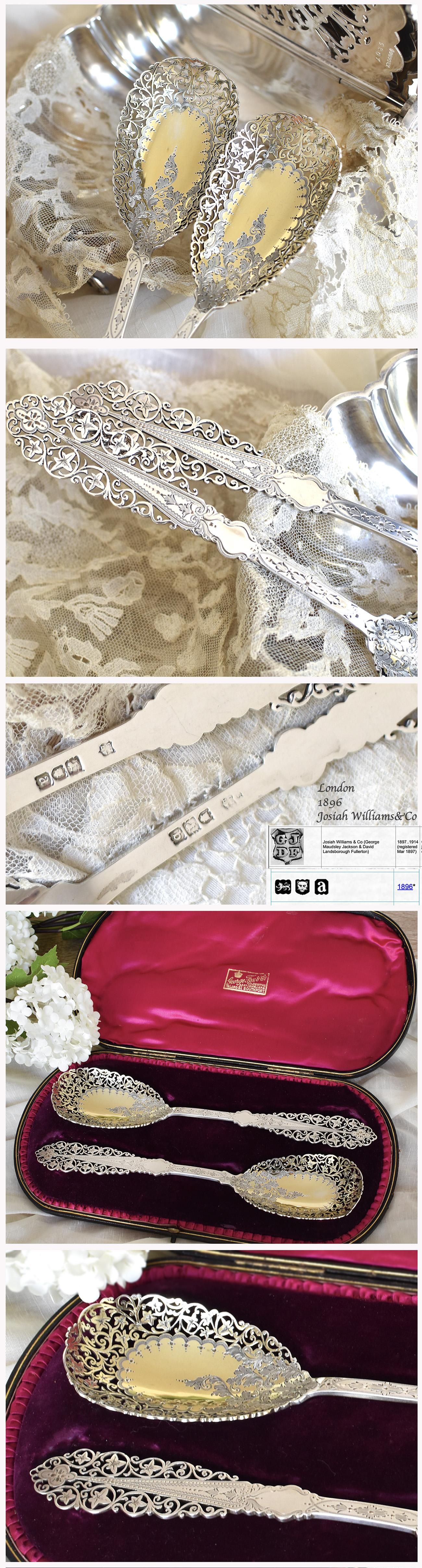 英国アンティーク銀器【純銀】1896年 透かしのサービングスプーンペア