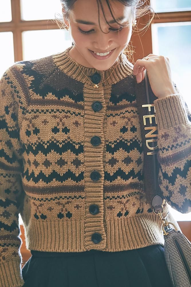 チェリージャガードカーディガン(キャメル) - seventen