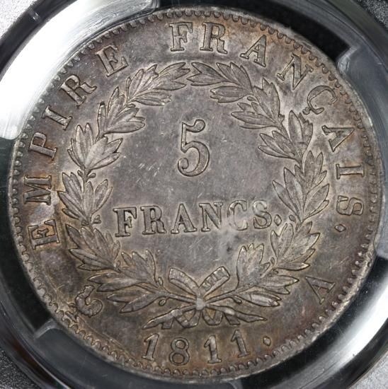 フランス France ナポレオン1世 月桂冠 5フラン銀貨 1811年 PCGS AU53