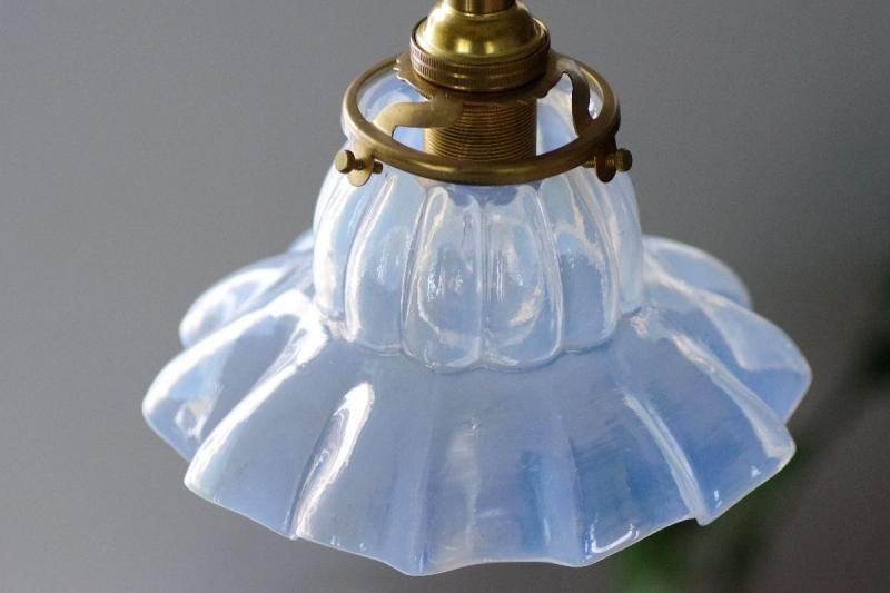 0253フランスアンティークオパールセントガラス フリルランプシェード