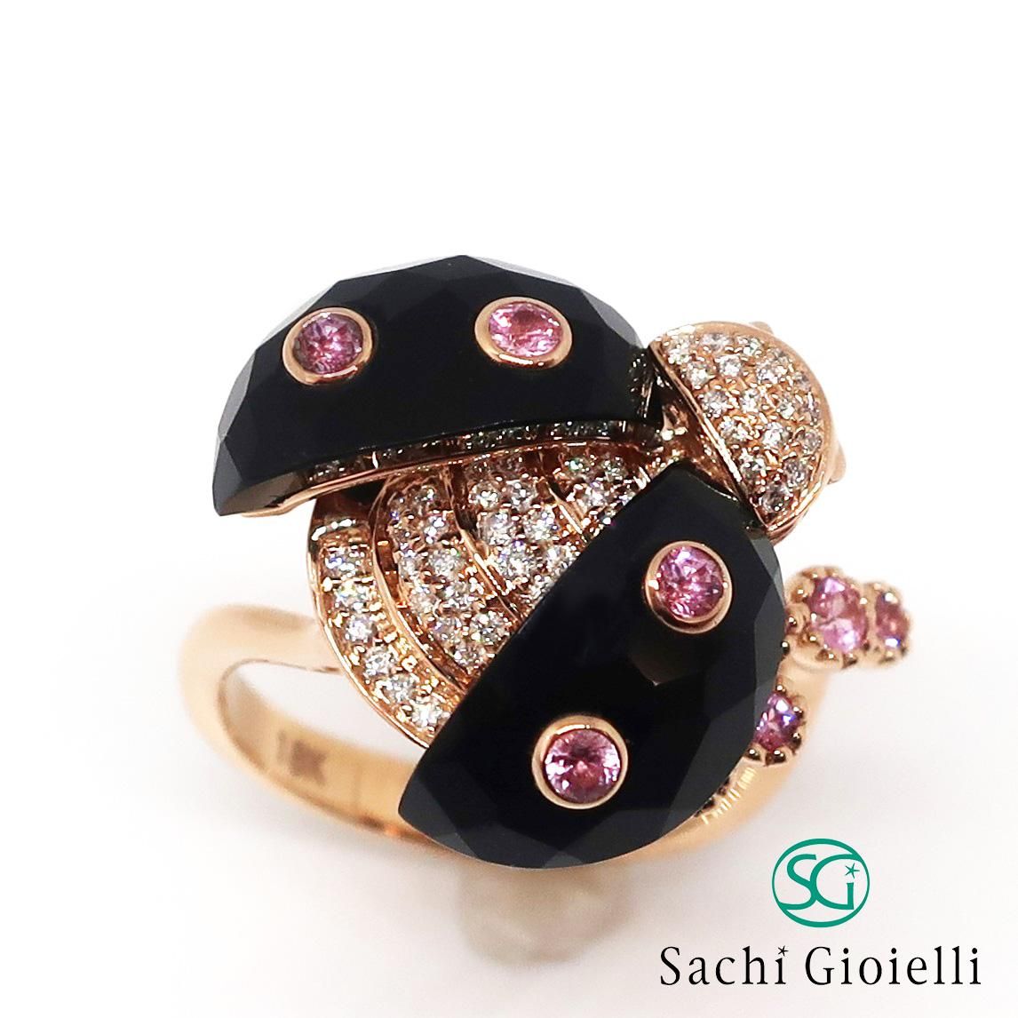 てんとう虫モチーフのオニキスとピンクサファイアのリング K18PG