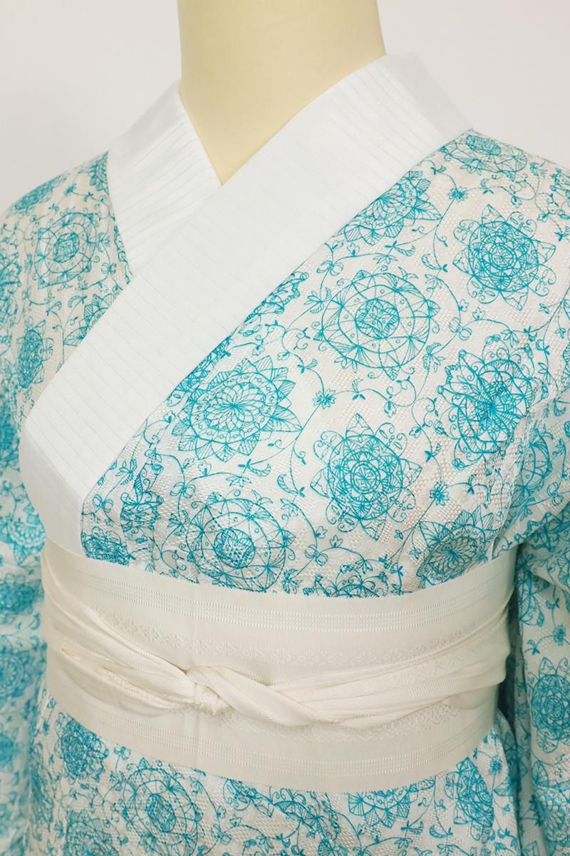 銀座【F-611】洗える正絹 紋紗 長襦袢 白色×浅葱色 華文 :身丈125/裄67