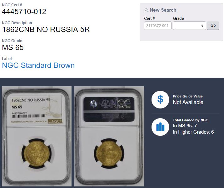 ロシア 1862 5ルーブル金貨 アレクサンドル2世 NGC MS65 - 【鑑定済