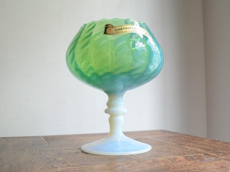 オパールセントガラス コンポート（グリーン）｜アンティーク雑貨