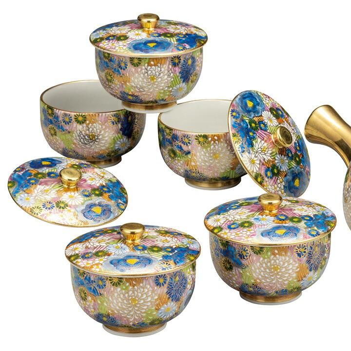 蓋付茶器 青地金花詰