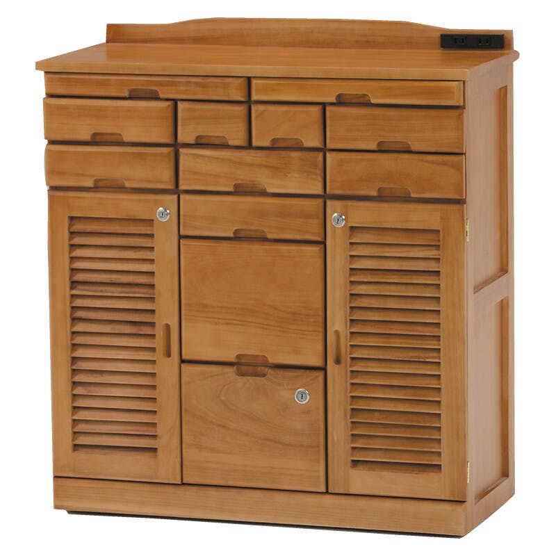 天然木 鍵付き 引き出し いっぱい FAX台 コンセント付き 76cm幅