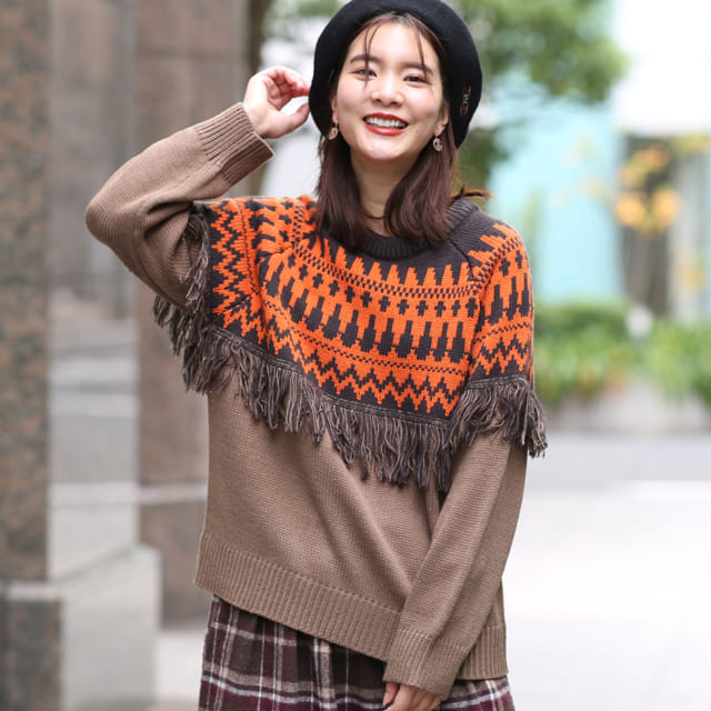洗濯機OK！幾何学柄フリンジ付きニット｜チチカカ｜みらい長崎ココウォーク