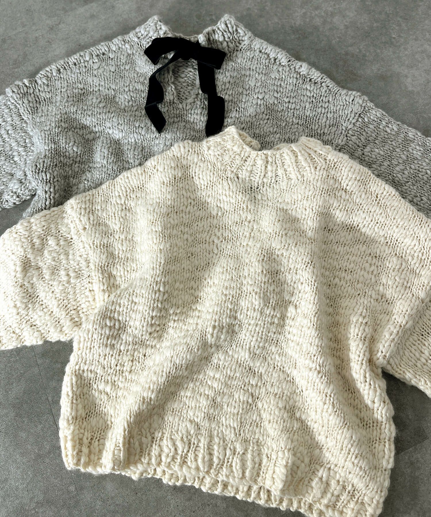 スラブヤーンリボンデザインハンドニット | Slub yarn ribbon design