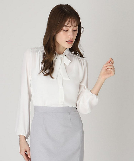 洗える／日本製】女性らしい細ボウタイブラウス（2002363321