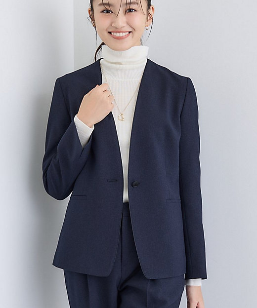 洗える／通勤／スーツ】メランジストレッチ ノーカラージャケット