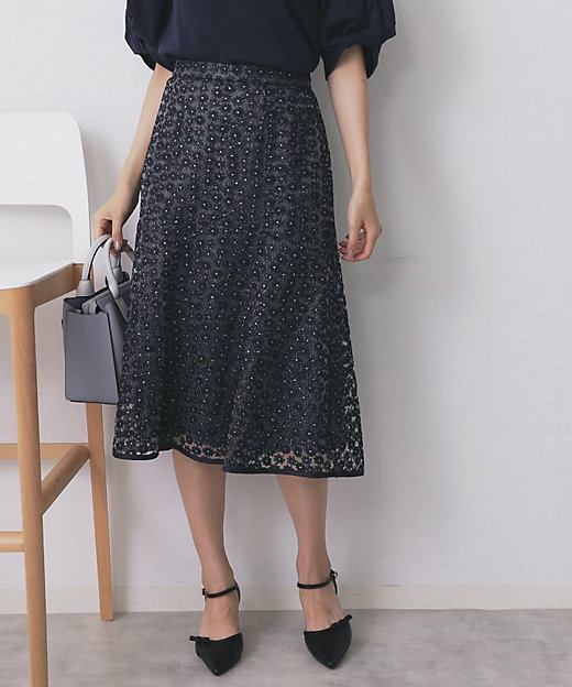 小花刺繍チュールマーメイドスカート【洗濯機OK／抗ピル