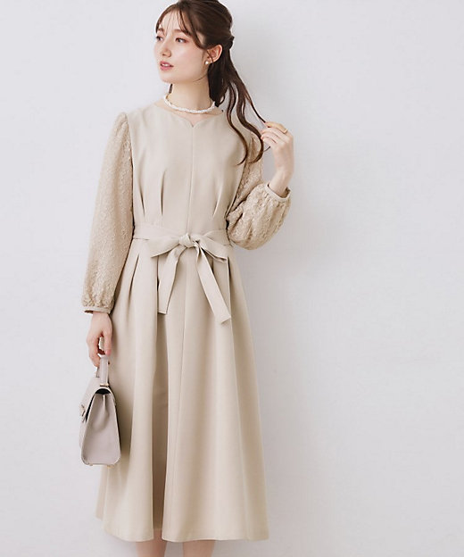 ハレの日・通勤】レース袖タックフレアワンピース