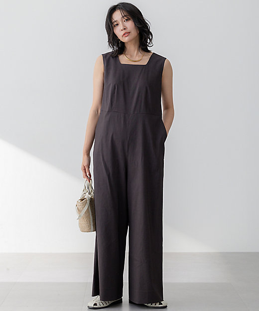 洗える】リネンレーヨンストレッチ スクエアネック オールインワン