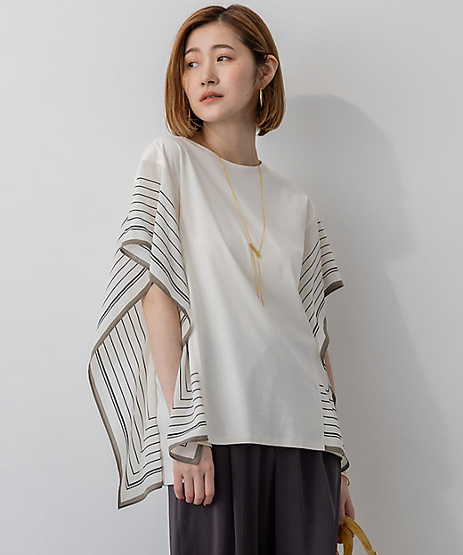 汗じみ防止加工】スカーフプリントコンビ フレンチスリーブ カットソー