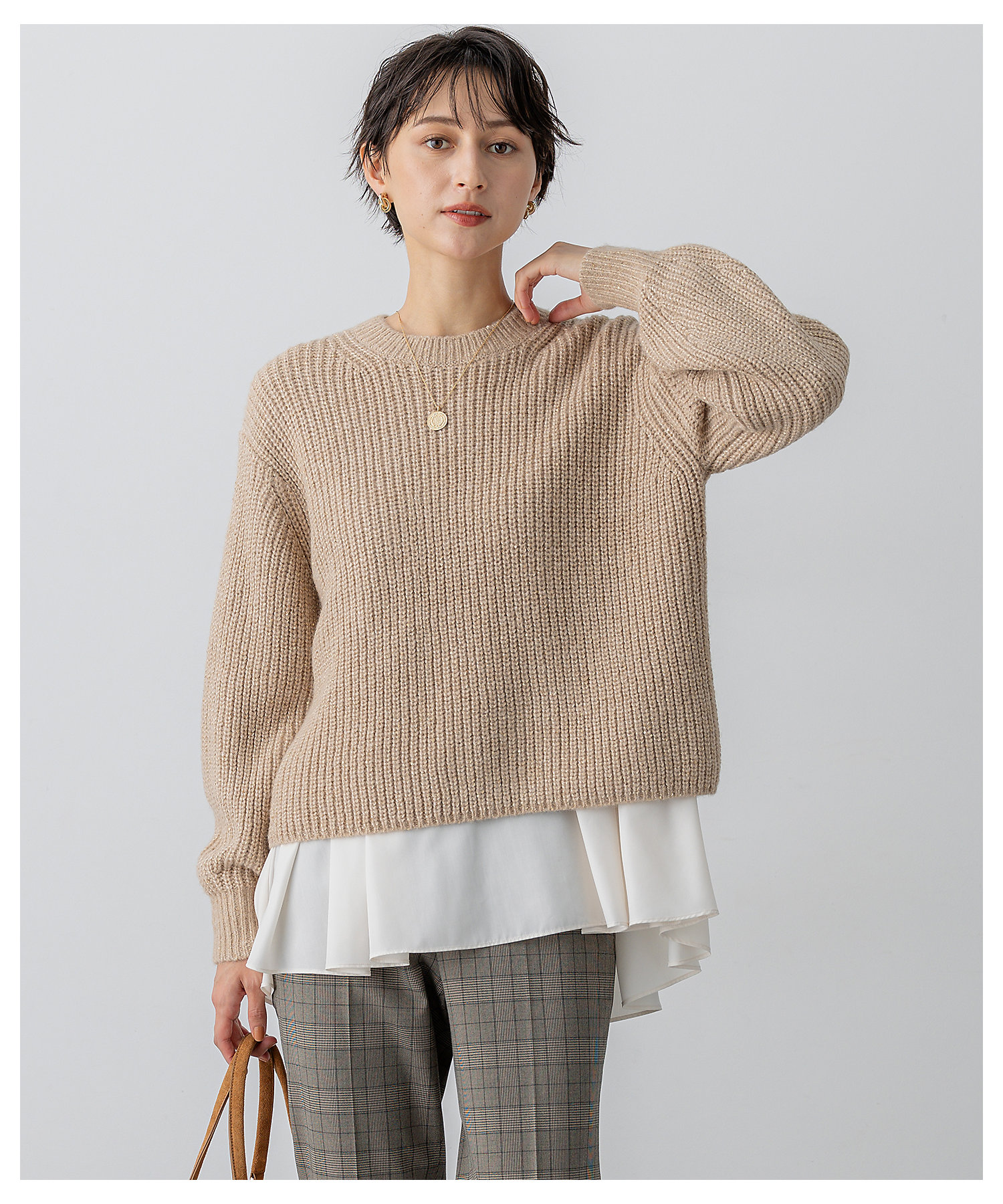 洗える】スパンコールバルキー クロップド ニット