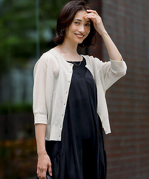 前後着用可能／洗える】シャイニーシアー 5分袖 カーディガン