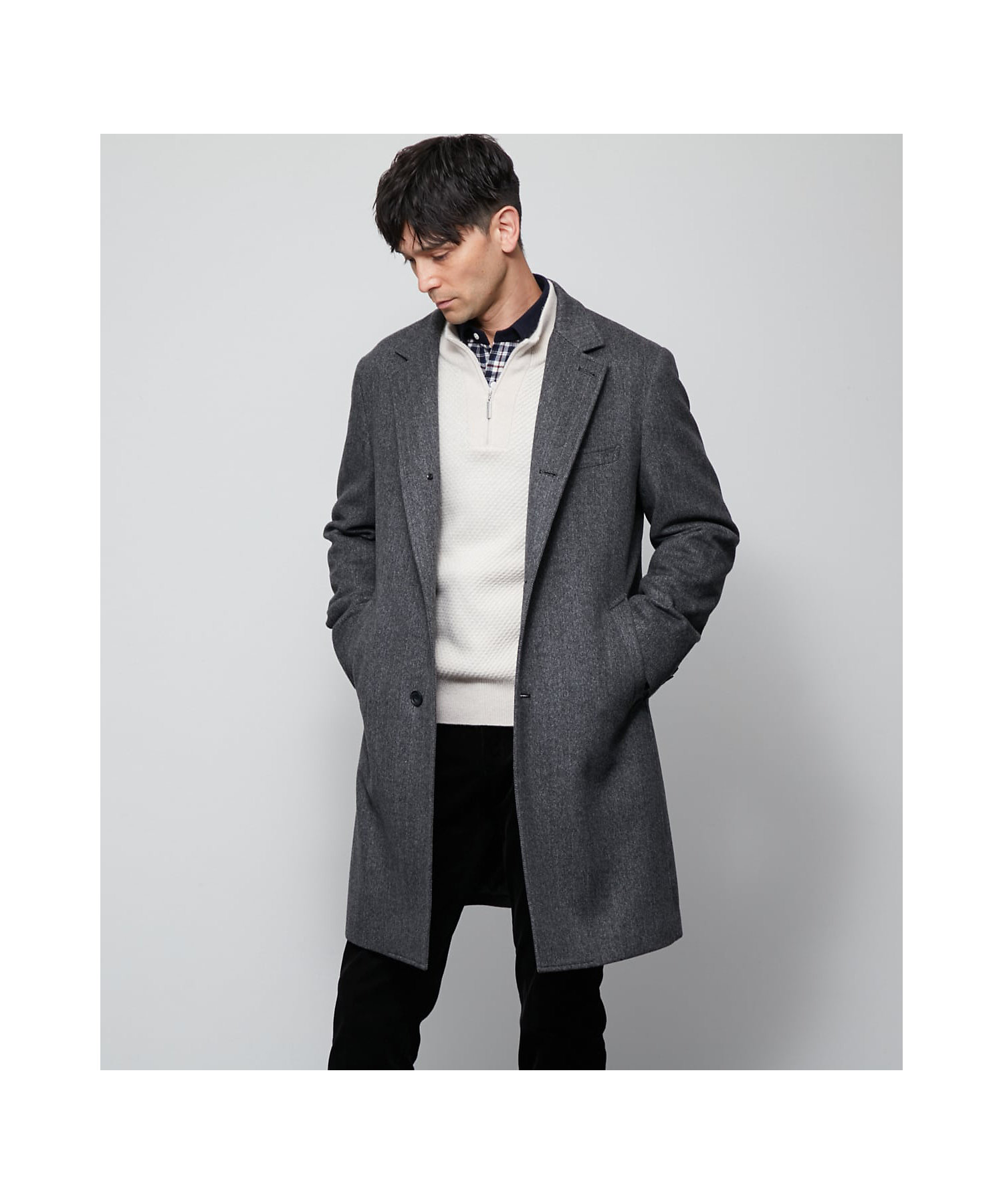 カシミヤ混 ヘリンボーン ビーバー コンバーチブルカラーコート