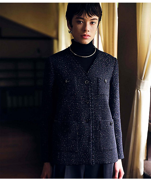 ネオンカラーミックスツィード ノーカラージャケット