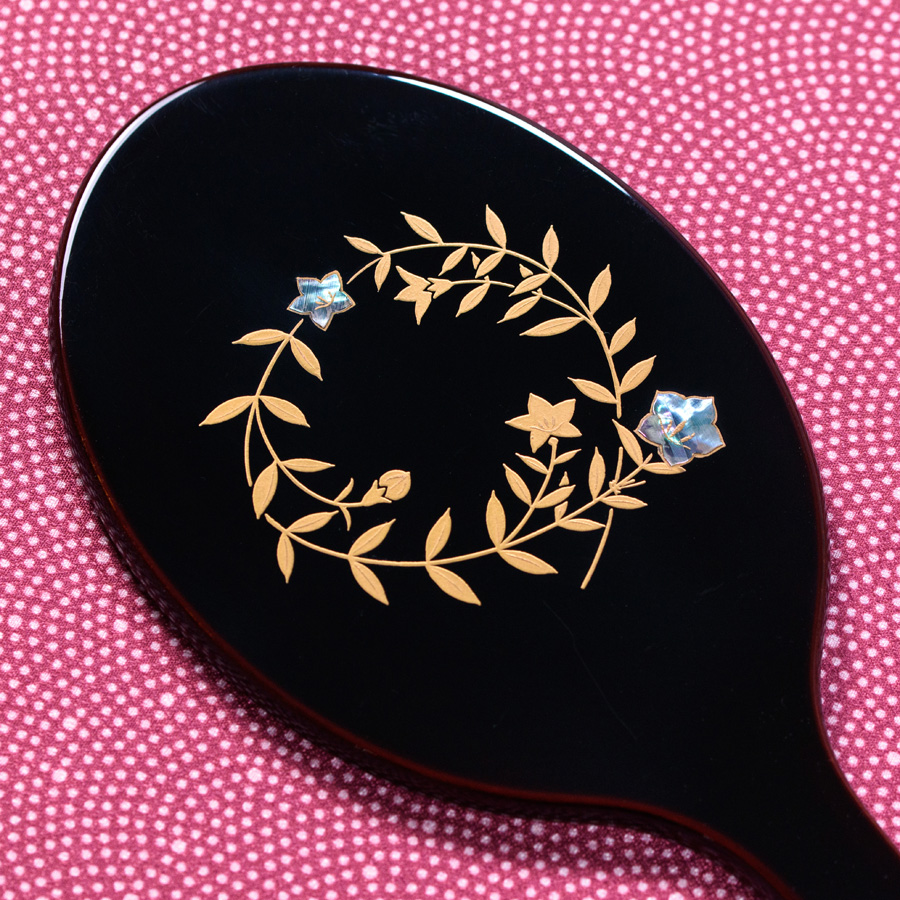 木製手鏡 桜蒔絵/青貝桔梗 漆塗り ハンドミラー 漆器の井助