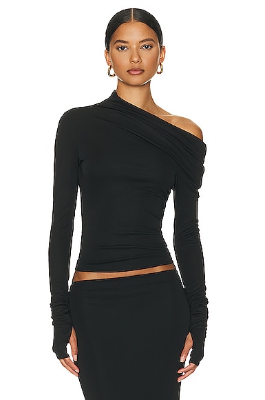 Helsa Matte Jersey Drape Shoulder Top in Black | FWRD