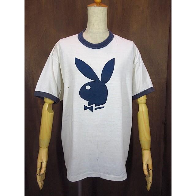 ビンテージ70's☆PLAYBOYリンガーTシャツ白×紺size L(42-44)☆200517n2
