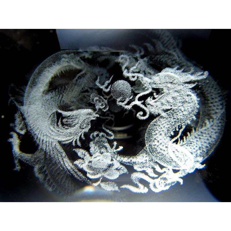 鳳凰と神龍 クリスタルガラス製 丸玉 専用台座付き 直径約80mm