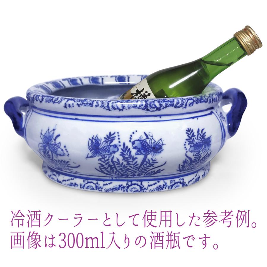 双耳 水鉢 金魚鉢 水盤 手付き 陶器 染付 金魚柄(説明書付き)メダカ鉢