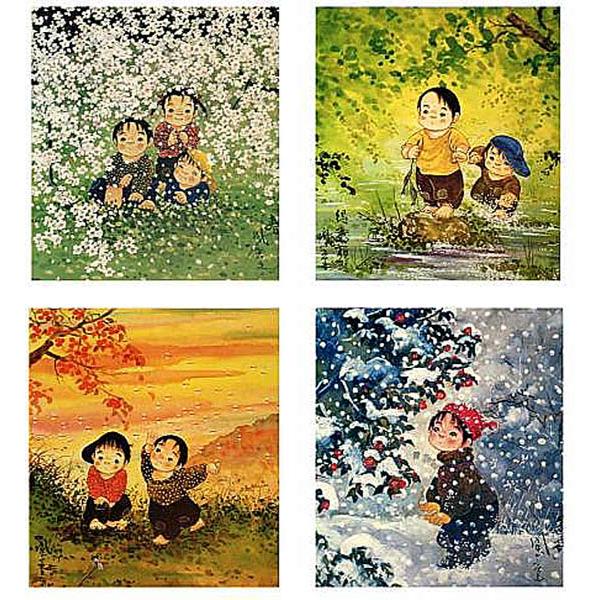 開田風童 絵画 児童画 中嶋潔らと並ぶ児童画の巨匠 四季4枚セット