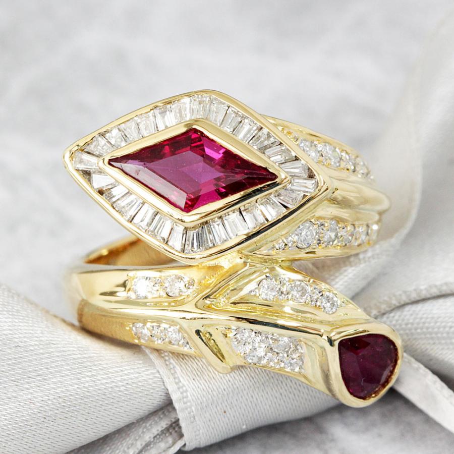 1.43ct ロゼンジカット ルビー ダイヤモンド K18 yg リング 鑑別書付