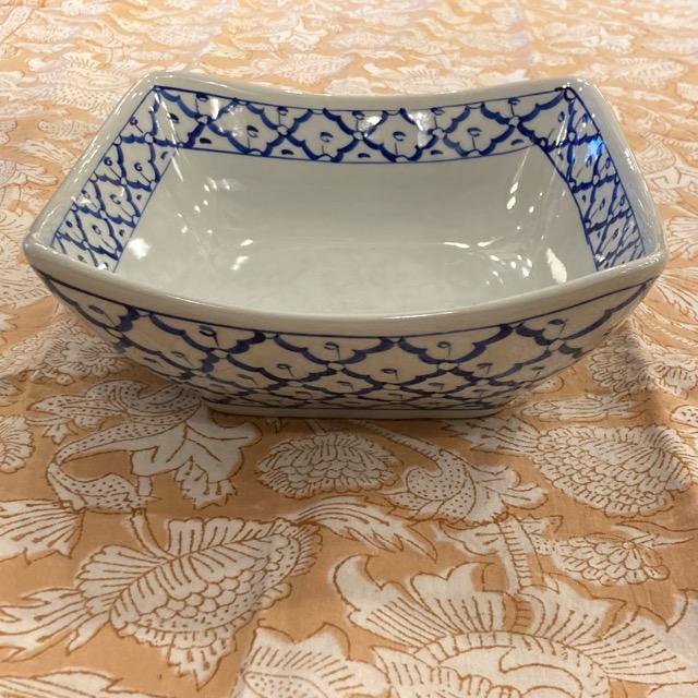 タイ 青白陶器 パイナップル柄四角ボウル L 18.5cm タイ料理 アジアン