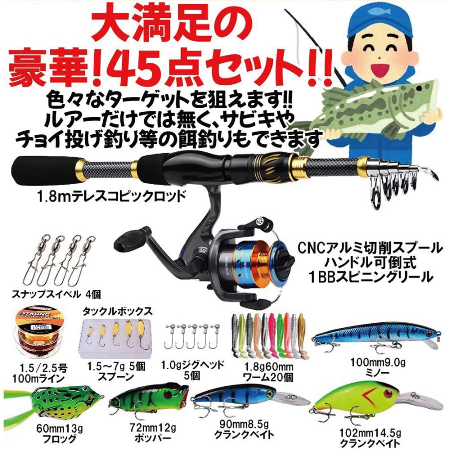 超豪華 45点 釣具セット 強い1.8mセミカーボンロッド 高性能スピニング