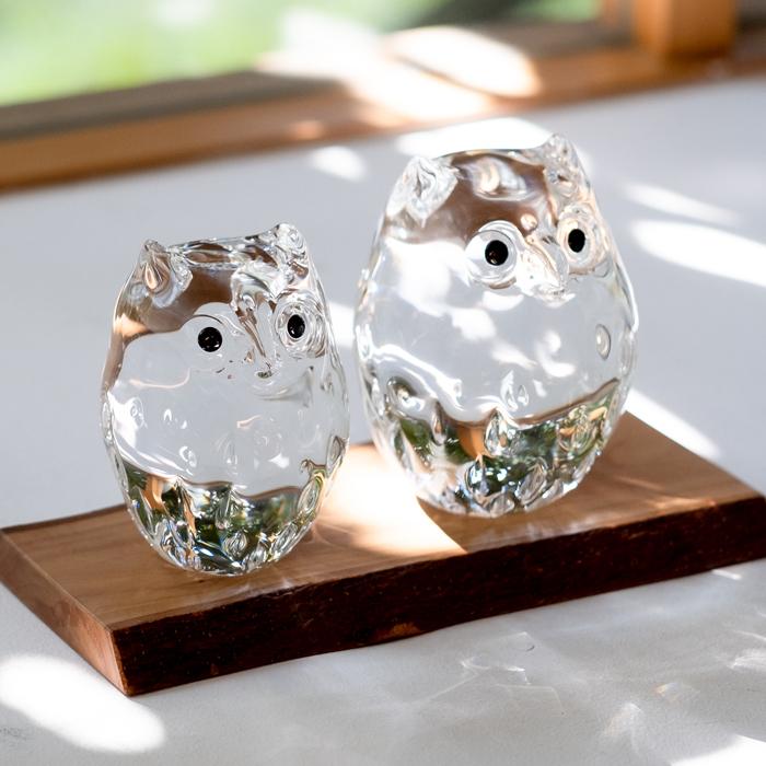 津軽びいどろ 爆買 オーナメント 親子ふくろう セット クリア 金箔入