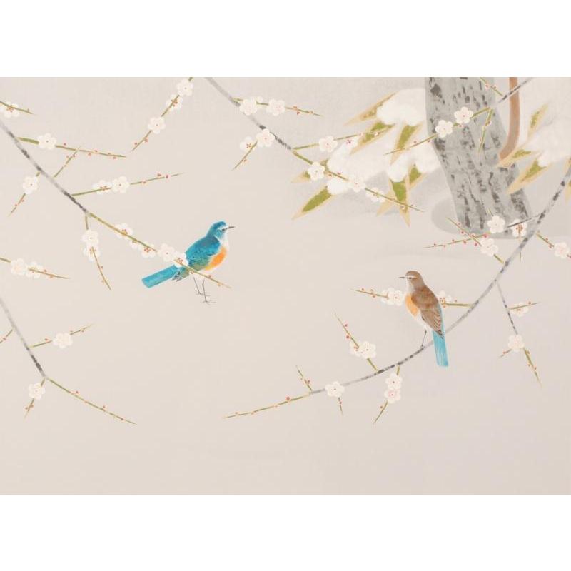 上村淳之 雪中小禽 鳥 絵画 和風 梅 花 日本画 インテリア シルク