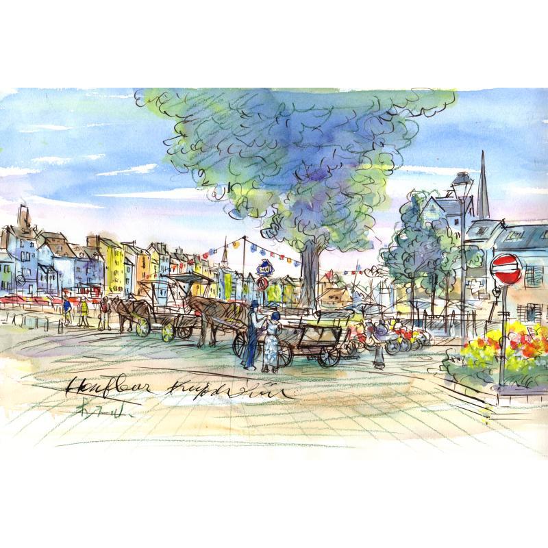 石井清 オンフルールの馬車 フランス 絵画 風景画 水彩画 インテリア