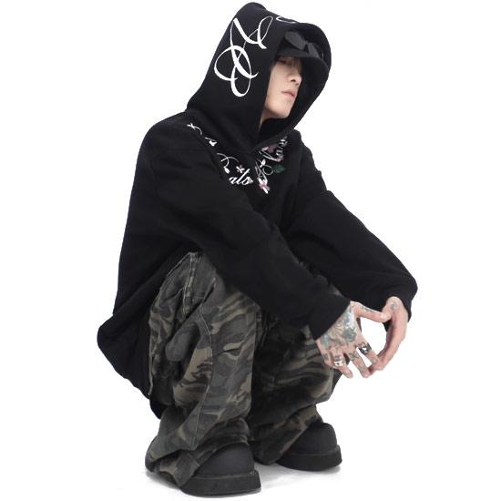 パーカー メンズ オラオラ系 刺繍 花柄 ボタニカル柄 y2kファッション