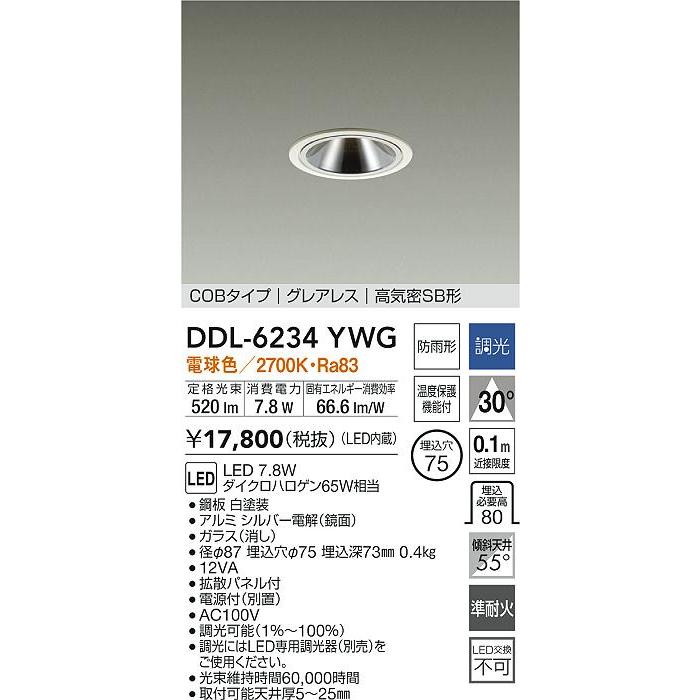 大光電機 屋内・屋外兼用グレアレスダウンライト DDL6234YWG COBタイプ