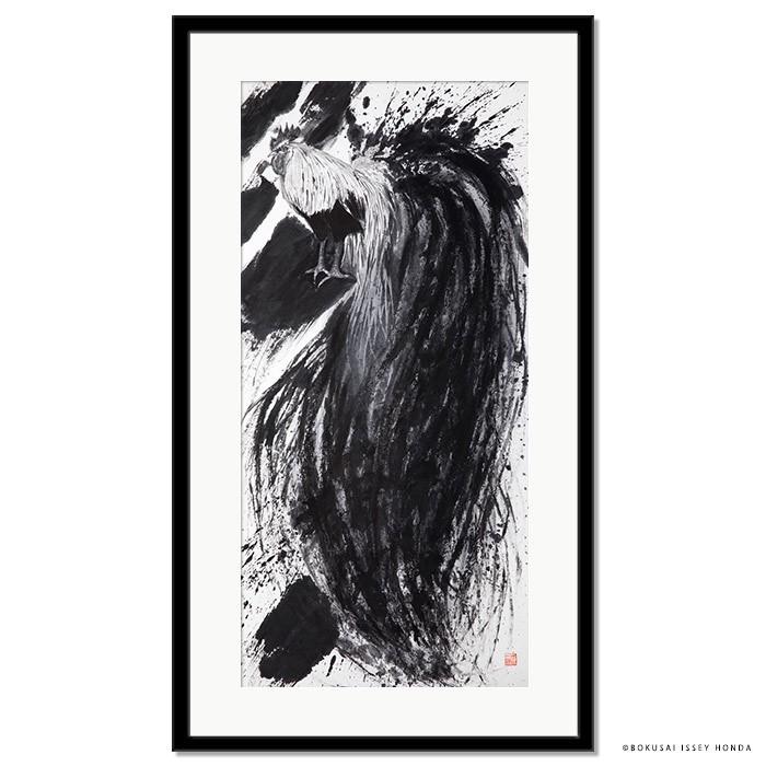 水墨画「伸」尾長鶏 絵画 インテリア 額入り 壁掛け 縦長 モダン 現代